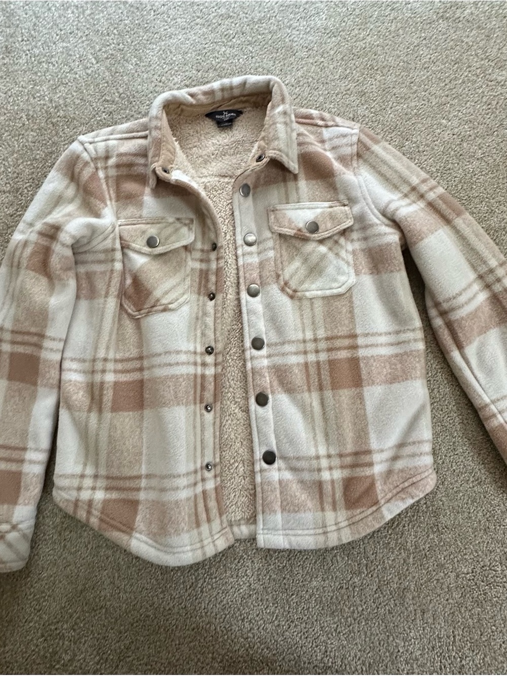 Eddie Bauer Cream and Tan Plaid Sherpa-Lined Shirt Jacket